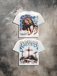 T Shirt Print ,Graphic-Cotton Tees Size Plus, Cartoon Round Neck Short Sleeve, Y2K Style Jesus Crucifixion, Religious Redemption, American Airbrush Printing Cotton T-Shirt - Soft, Breathable, 100% Pure Cotton Fabric - Comfortable And Energetic Summer Street Style Short Sleeved T-Shirt, Cool Design Retro Summer Men's Daily Wear T-Shirt,Men's Casual, Comfortable, Fashionable T-Shirt, Street Style Cotton T-Shirt,Y2K,Oversized Shirt Men,With Shirt,Summer Tops,Shirt Suitable - White - View 7