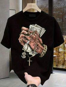 GiftCamiseta de de peso pesado para hombre, con diseño de manos en oración y joyas, corte holgado, adecuada tanto para uso formal como para el día a día en la ciudad, transpirable para el verano (lavable a máquina).Soft - Negro - Ver 5