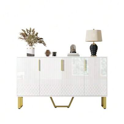 High Gloss Sideboard, 4 Doors, Metal Handles And Legs, Geometric Design In White, 140 Cm Long X 40 Cm Wide X 80 Cm High.