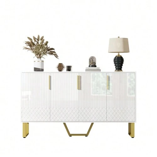 High Gloss Sideboard, 4 Doors, Metal Handles And Legs, Geometric Design In White, 140 Cm Long X 40 Cm Wide X 80 Cm High. - White - View 1
