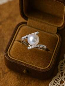 1pc Women's Faux Pearl Cubic Zirconia Ring, Elegant Romantic Design,Versatile Jewelry For Daily Matching And Special Occasions,Ideal For Wedding, Engagement And Proposal Gifting (No Box) - Silver - View 1