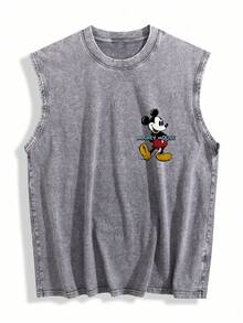 Disney 230g High-Quality Washed Cotton Crew Neck Tank Top, Colorful Mickey Print, Loose Fit, Casual For Everyday Wear. - 灰色 - 查看 3