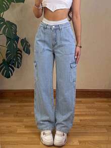 Women's Fashion Street Mid-Rise Pocket Work Wear Straight Leg Jeans Casual Spring - Light Wash - View 2