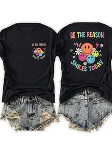 WomenWomen'S Casual Sports T-Shirt| Fun Smiling Face Design, Lightweight & Breathable Fabric, Perfect For Beach And Park Outings - A Versatile And  Addition To Your Wardrobe For Endless Joyful Adventures - 黑色 - 查看 1