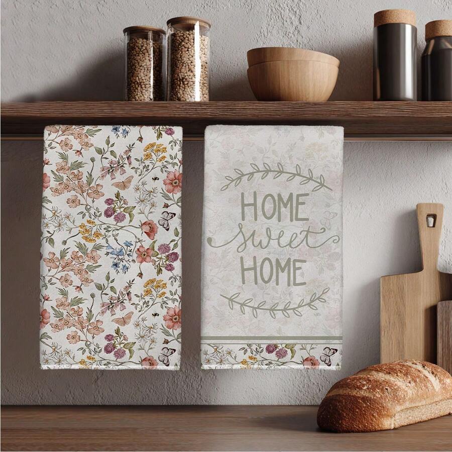 MEMNUN 2入組復古花卉蝴蝶Home Sweet Home文字圖案廚房毛巾 40*60cm/45*70cm 柔軟超細纖維材質 洗碗布 刷鍋布 手巾 廚房浴室日常家居裝飾 適合廚房與餐廳裝飾 全季節適用 - 彩色 - 查看 1