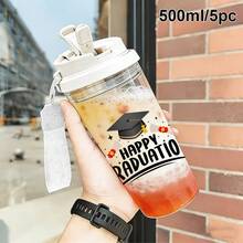 1個/5個 500ml 畢業主題塑膠杯附吸管、掛繩與防漏蓋，透明冰咖啡杯印有「恭喜畢業」與學士帽圖案，適合日常使用，畢業派對伴手禮與拍照道具首選 - 多色-畢業快樂 - 查看 16