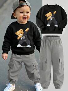 Baby Boy Cartoon Print Long Sleeve Top And Pants Set - Black - View 1