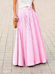 Women's Elegant Plaid Mid-Length Skirt, High Waist Flared Hem Skirt, Spring/Summer Pink - Pink - View 3