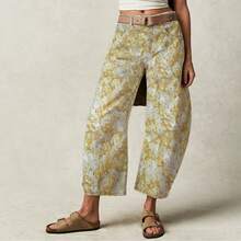 Vintage Floral Print Barrel-Shaped Jeans High-Waisted Wide-Leg Yellow Denim Trousers Vintage Y2K Style Casual Pants - 黃色花 - 查看 2