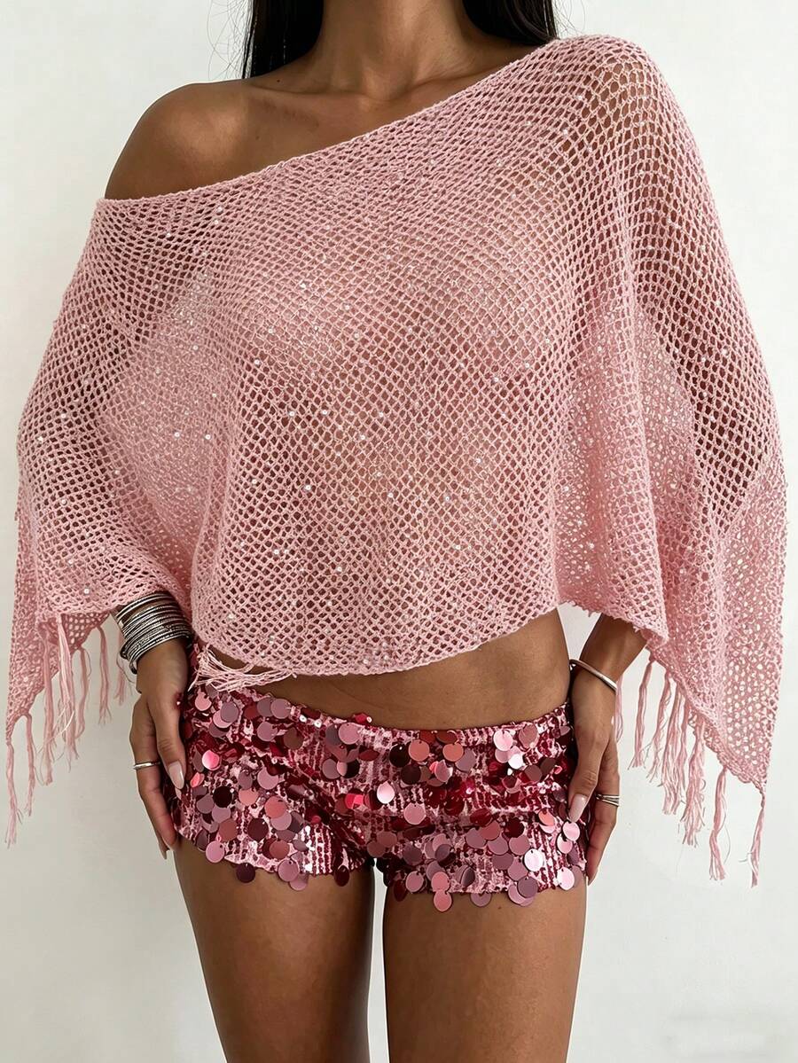 Áo croptop nữ kiểu Y2K ngọt ngào và gợi cảm, chất liệu ren móc xuyên thấu, màu hồng, trễ vai, đính sequin, vạt áo bất đối xứng và tay áo cánh dơi. Áo khoác ngoài trong suốt thời trang, phù hợp cho các bữa tiệc Y2K, câu lạc bộ đêm và lễ hội âm nhạc. - Hồng - Xem 1