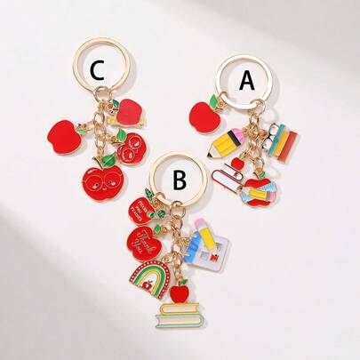 Alloy Oil Drop Teacher's Day + Graduation Season + Back To School Keychain, Stationery Owl Apple Accessories, Gifts For Teachers, Graduates, And Students, Cute Oil Drop Design, Can Be Used As Bag Pendant/Backpack Buckle/Car Key Chain, Durable And Fade-Resistant, Exquisite Commemorative Small Item