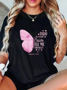 Nueva camiseta casual de manga corta para mujer 2026, de elasticidad media, con frases inspiradoras en español y diseño de apliques de mariposa rosa, lavable a máquina, cuello redondo, adecuada para primavera, otoño y verano, moda de temporada, corte en H, material no transparente. KFRQ - Negro - Ver 1