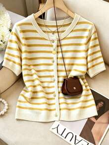 Women's Lightweight Breathable Yellow Striped Short Sleeve Cardigan, Regular Fit, Versatile For Summer Daily Wear - Yellow - View 1