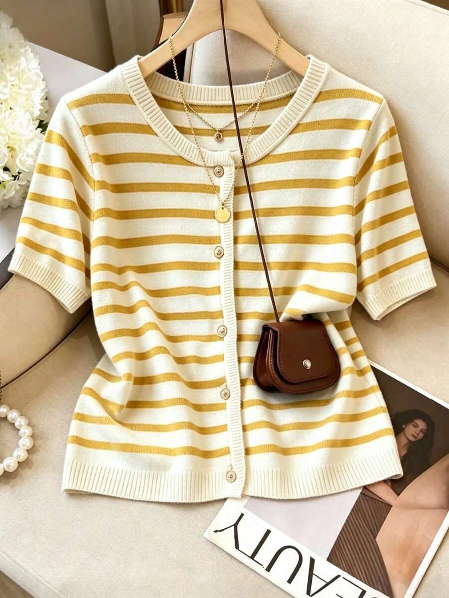 Women's Lightweight Breathable Yellow Striped Short Sleeve Cardigan, Regular Fit, Versatile For Summer Daily Wear - Yellow - View 1