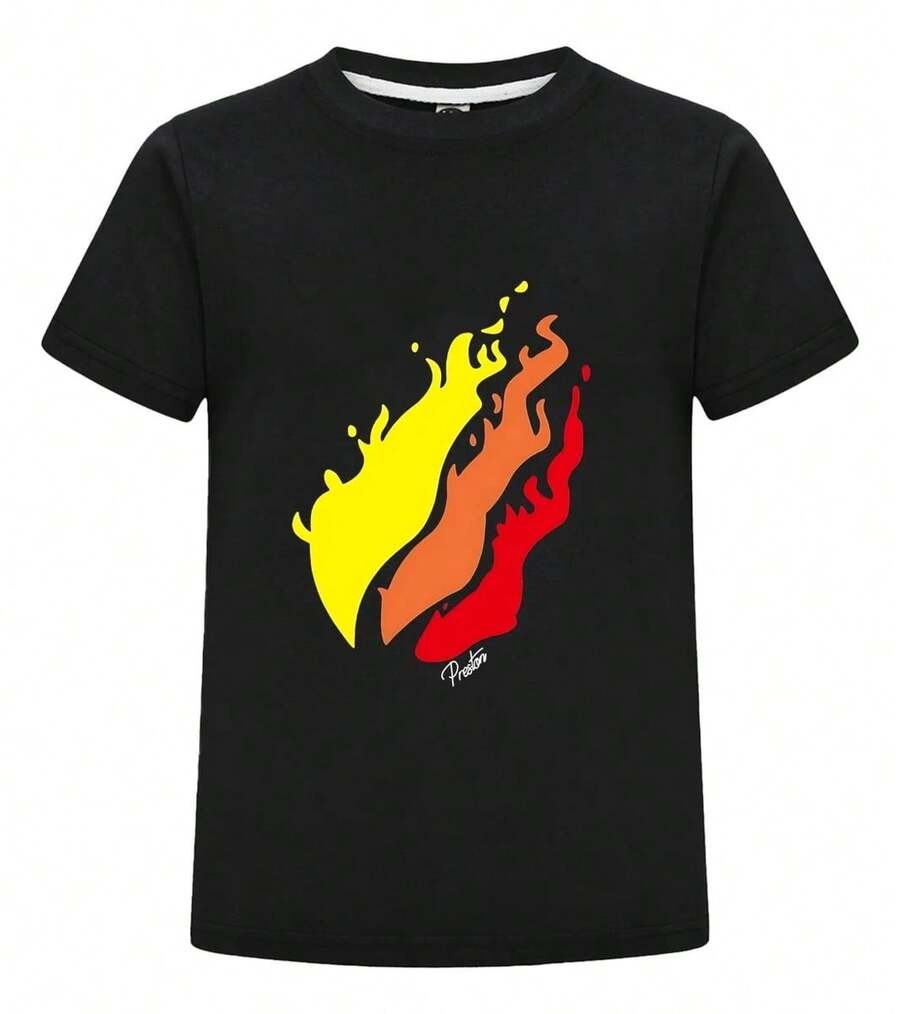 PrestonPlayz Kids T-Shirt Boys Girls Flame Logo Tee Yellow Orange Red Fire Graphic Cotton Top Casual Short Sleeve Gamer Shirt Birthday Gift| Exquisite Design| Loose And Comfortable| Easy To Match| - màu đen - Xem 1