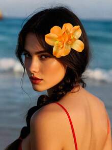 1pc Orange Tropical Flower Hair Clip For Women Girls, Large Orange Hibiscus Hair Pin Hawaiian Beach Floral Accessories For Summer Vacation Luau Party Wedding,Travel,Birthday, Claw Clips - Orange - View 3