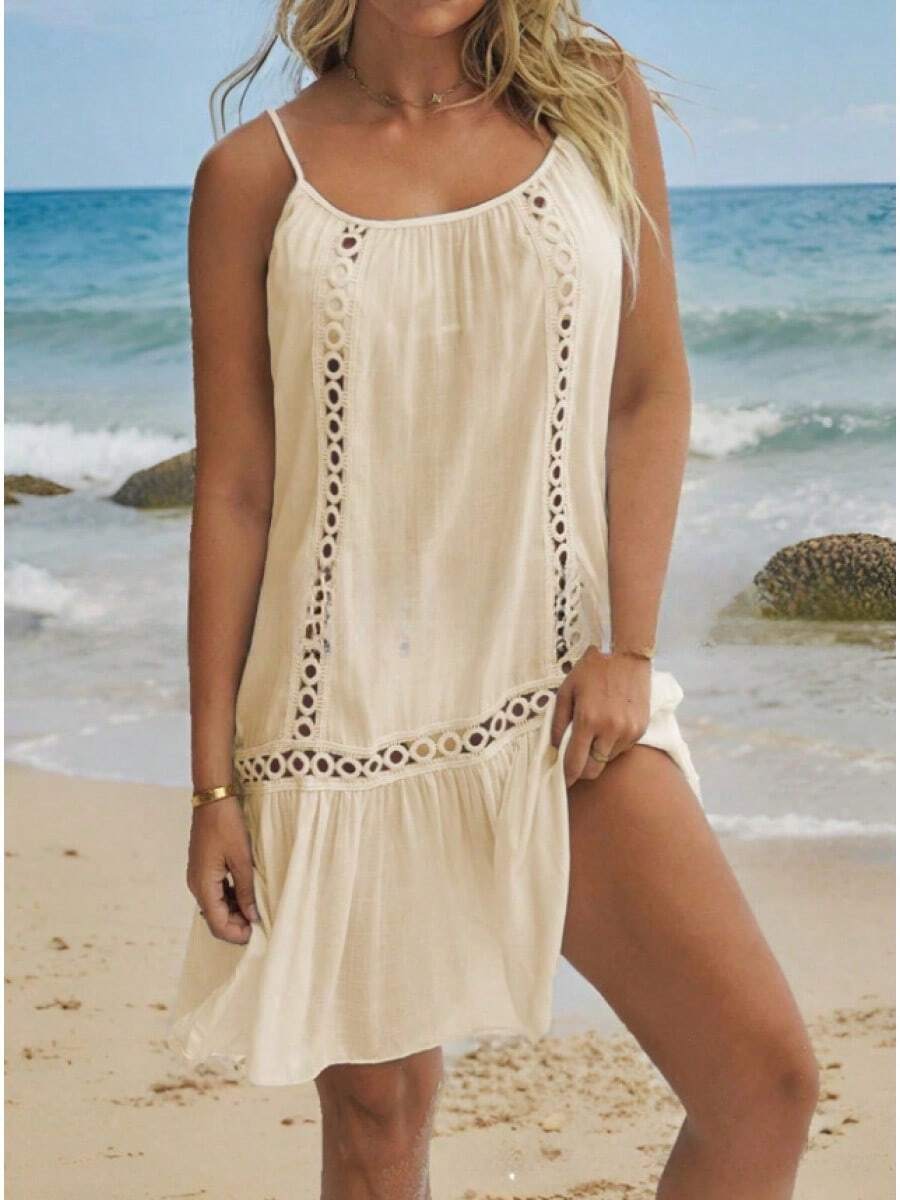 Summer Fashion Casual Sexy Lace Sleeveless Strap Solid Color Beach Dress - Apricot - View 1