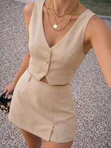 Women's Casual Two Piece Set, Button Front Vest, Slit Shorts And Skirt, Solid Color - Beige - View 3