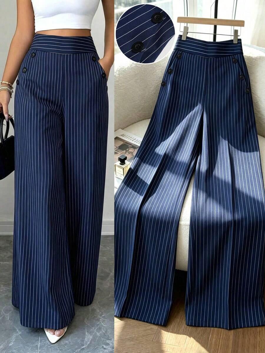 Nuevos pantalones de estilo coreano de primavera/verano, minimalistas y elegantes, de lino a rayas azul y blanco, de cintura alta, estilizadores, de pierna recta y sueltos, informales para mujer - Azul marino - Ver 1