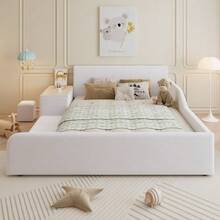 Upholstered Children's Bed With Desk And Stool, With Storage Shelf, Soft Headboard, Children's Bed With Wooden Slatted Base, Velvet, White, 140x200cm - White - View 3