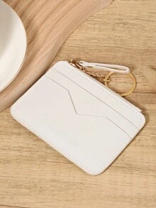 Cartera/Monedero minimalista de unicolor blanco, con cremallera y cadena, múltiples ranuras para tarjetas, bolsillo para monedas y ventana para identificación, compacto y delgado, unisex, para uso diario y viajes de compras - Blanco - Ver 6