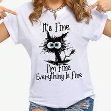 Ropa de mujer gato es bien, soy bien, todo está bien, camisetas con estampado, moda informal de verano, ropa personalizada para mujer - yx417-1-blanco - Ver 3