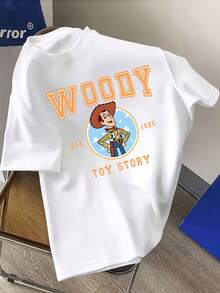 Genuinely Licensed By Disney, Disney Toy Story Sheriff Woody Double-Sided Print - Men's T-Shirt, Toy Story Woody Cartoon Image, Men's Summer Short-Sleeved Top, High-Quality 100% Cotton Short-Sleeved T-Shirt, Relaxed, Breathable, Comfortable Short-Sleeved T-Shirt For Summer, For Men And Women, Disneyland Travel Wear, Couple's T-Shirt, Everyday Wear, Street Wear, Vacation Wear, The Best Gift For Disney Lovers, Machine Washable - trắng - Xem 2