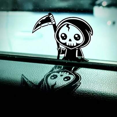 2pcs Mini Grim Reaper Rearview Mirror Stickers, Designed For Driving. These Fun Vinyl Decals Fit Any Car, Black.