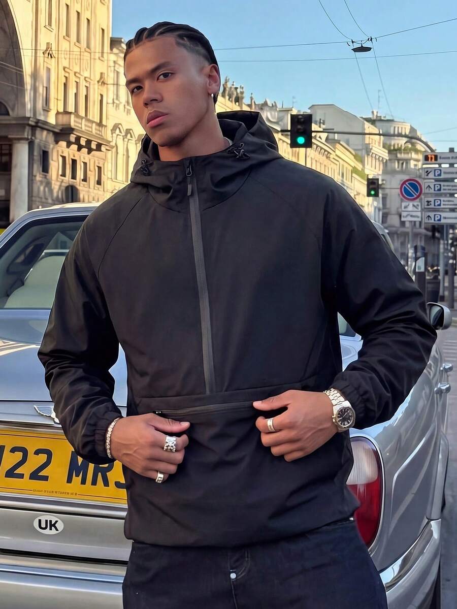 Áo khoác hoodie nửa khóa kéo thời trang tối giản, đa năng, thường ngày dành cho nam, áo khoác dài tay màu đen có mũ trùm đầu nhẹ khi đi chơi, thích hợp làm quà tặng cho bạn bè, chồng, bạn trai - màu đen - Xem 1