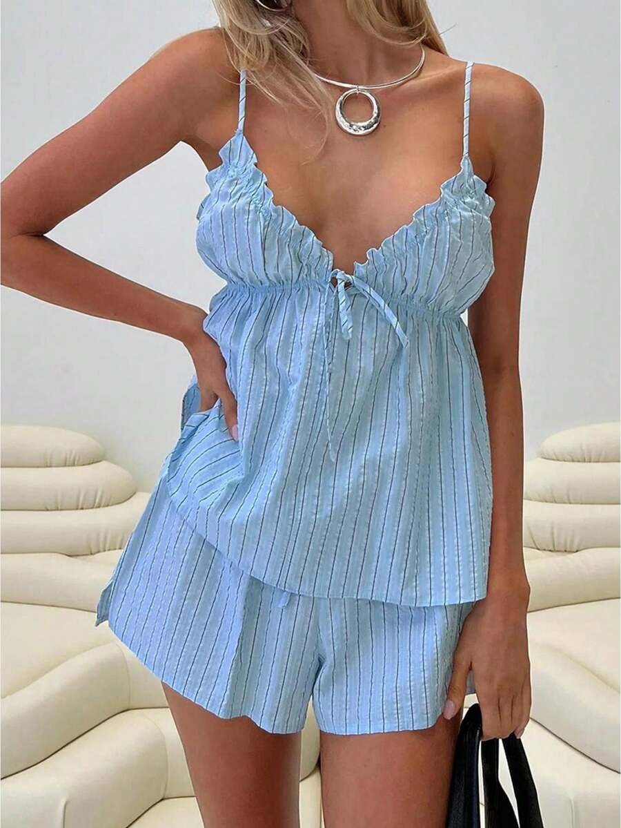 Conjuntos de pijama a rayas para mujer, camisetas de tirantes finos sin espalda de verano con pantalones cortos, ropa de dormir suave - Azul - Ver 1