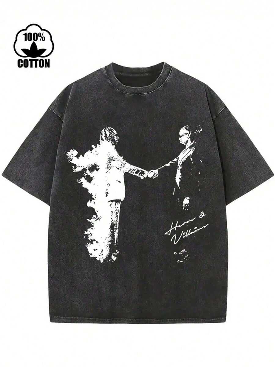 1pcs230g Washed, Fire Messenger Printed T-Shirt, High-Quality Wax Printed Pure Cotton Retro Fashion Brand, Men's Summer T-Shirt, Holiday Perfect Gift - 黑色 13 - 查看 1