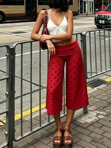 Women's Lace Trim Ruched Waist Wide Leg Capri Pants, Lettuce Hem Soft Casual Lounge Yoga Sleep Daily Loungewear Trousers - 酒紅色 - 查看 3