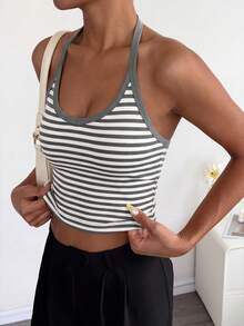 Camiseta de tirantes finos acanalada casual, sexy y versátil, primavera/verano, estética de chica limpia - Gris Oscuro - Ver 5