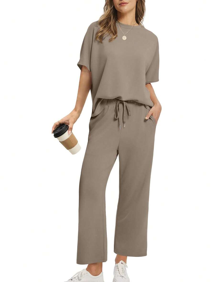 Women's Two Piece Set Round Neck Top And Cropped Wide Leg Pants Oversized Casual Summer Outfit - Camel - View 1
