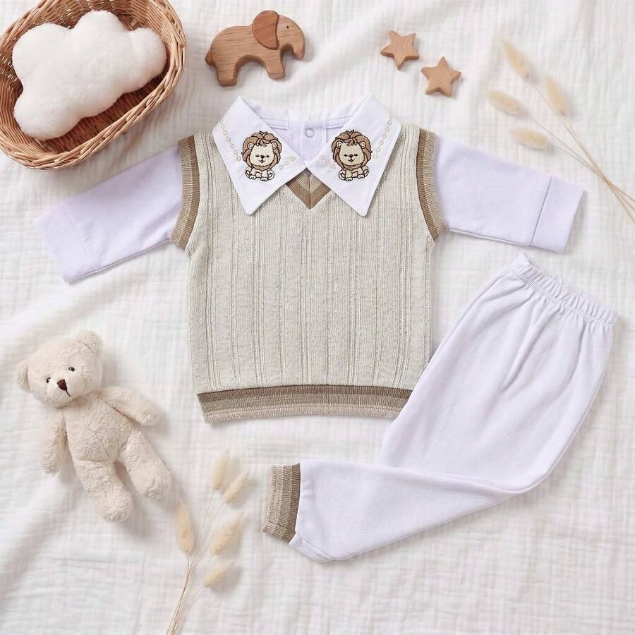 Pagan Baby Embroidered Collar Sweater Set, Sweater + Bodysuit + Pants, Size RN - 米色 - 查看 1