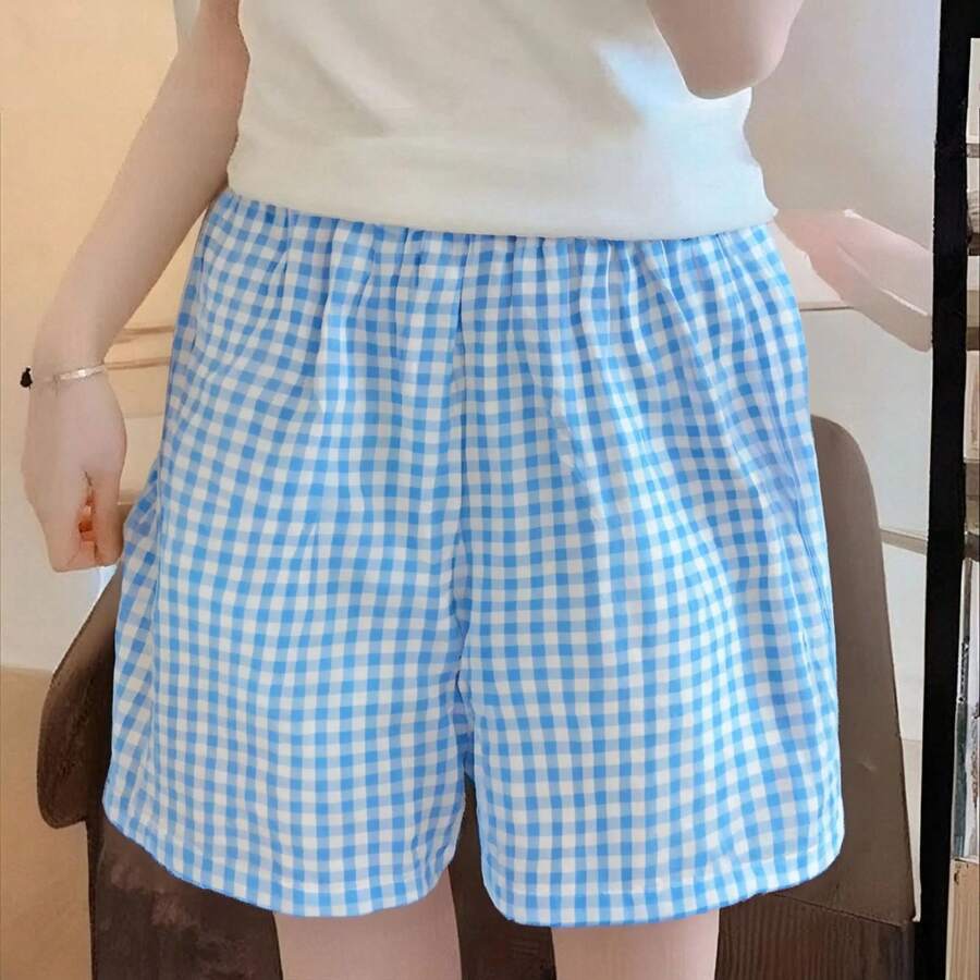 Pantalones de Dormir de Algodón con Estampado de Leopardo para Mujer, Pantalones Holgados y Cómodos para el Hogar, Shorts Casuales Transpirables - cuadrícula azul - Ver 1