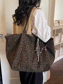 Bolso Tote de Gran Capacidad con Diseño Marrón, Gancho Externo para Taza de Café, Cubierta Superior con Estampado de Leopardo, Doble Correa para el Hombro y Llavero - Marrón - Ver 7