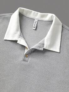 [ROYALBOY] Men's Textured Color Block Waffle Patchwork Sleeve Polo Shirt - Grey - View 4