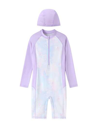 Annil New Style Children's High-Elastic Hydrophobic Gradient Swimsuit For Middle And High School Students, Conservative Long-Sleeved One-Piece Swimsuit
