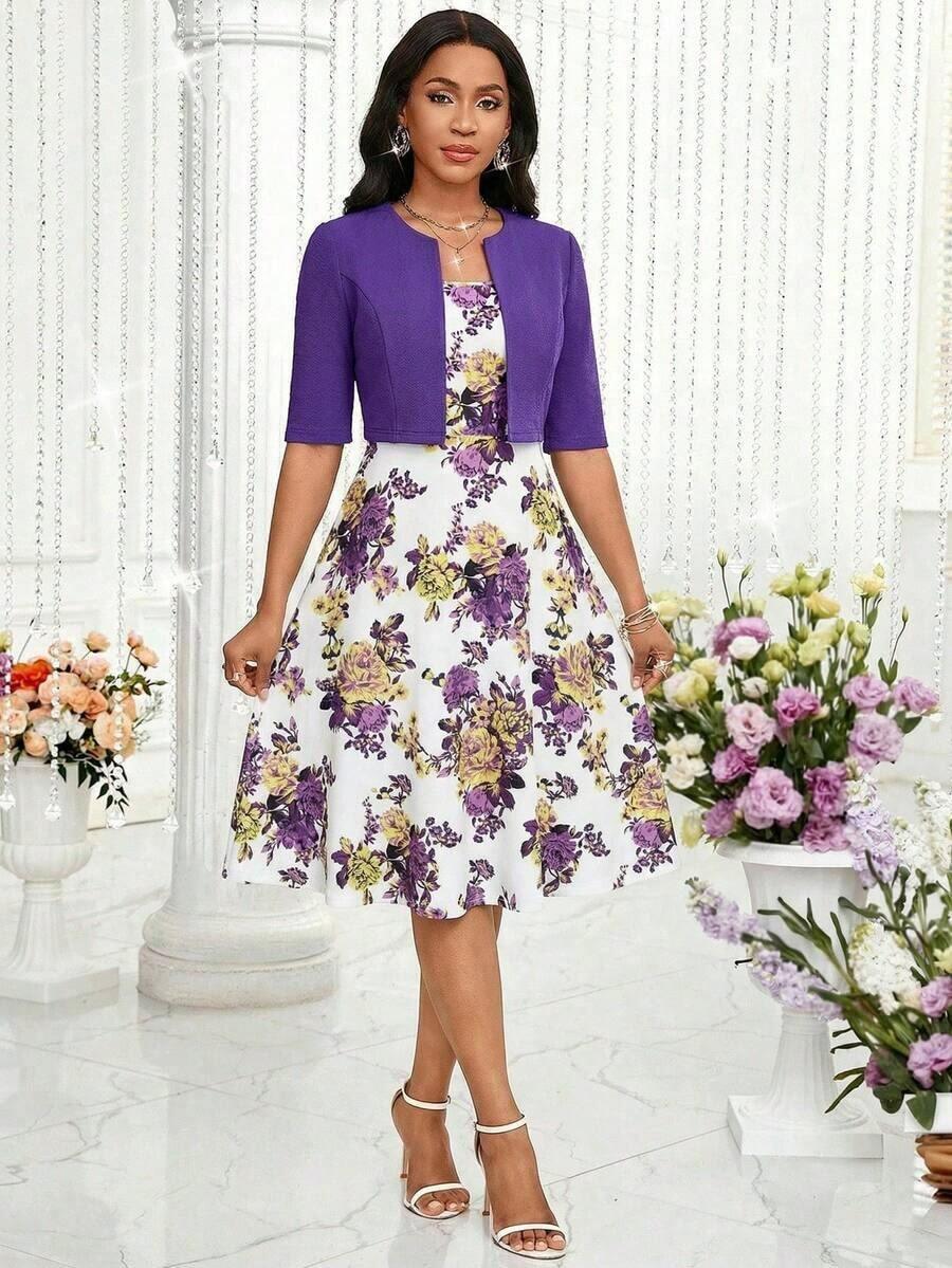Lady Conjunto de 2 piezas de verano con top corto de unicolor elegante y vestido con estampado floral para mujer - Agua verde azul - Ver 1