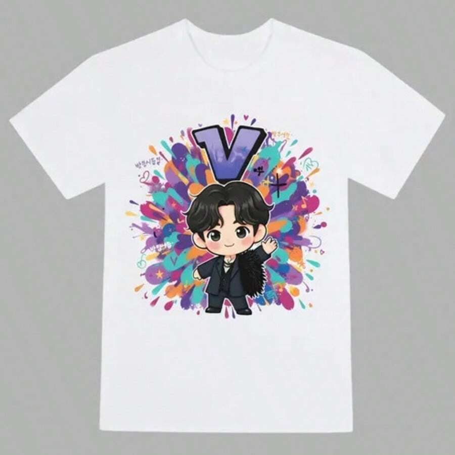 Children White Basic T-Shirt Unisex Boys Bangtan Boys Inspired Short Sleeve Casual Top, B-Ts, B-Ts Shirt, Teen Summer Clothes, Teen Girl Summer Clothe - 白色12 - 查看 1