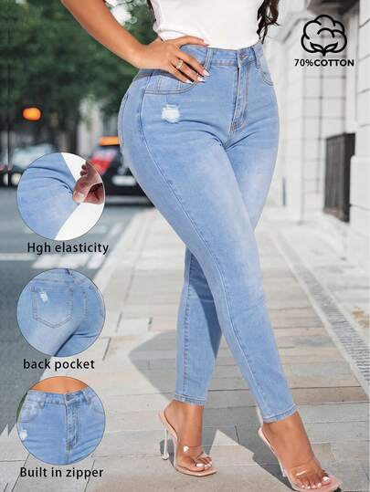 Jeans de mezclilla elásticos y ajustados con efecto desgastado para mujer, ropa elegante para damas, adecuado para usar con blusas de verano/atuendos para todas las estaciones, ropa casual de primavera para vacaciones de Año Nuevo y Día de San Valentín