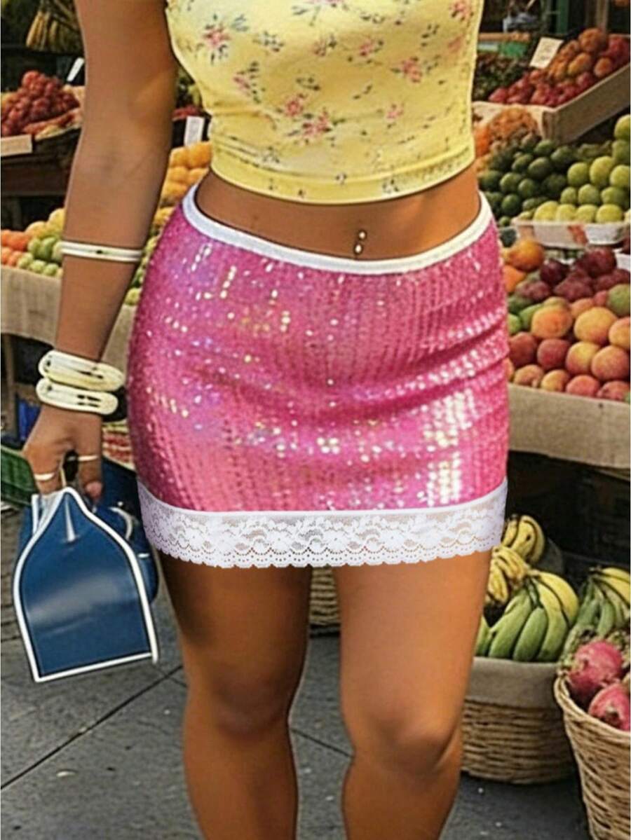 Women's Plus Size Mini Skirt Casual Stylish Sequined Lace Trim Mid Rise Short Skirt for Summer - Rosa - Ver 1