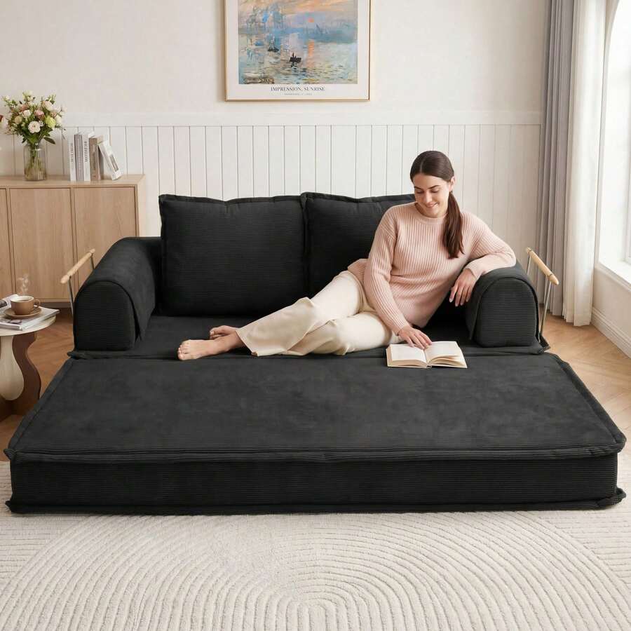 Canapé-lit avec coussin cylindrique, matelas pliable en velours côtelé, cadre fixe, canapé de sol/canapé de salon pour salon, chambre, salle de séjour/studio - Noir - Voir 1