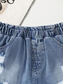 1 pieza Shorts vaqueros casuales con cintura elástica y dobladillo deshilachado para niñas, estilo callejero, primavera/verano - Azul lavado medio - Ver 3