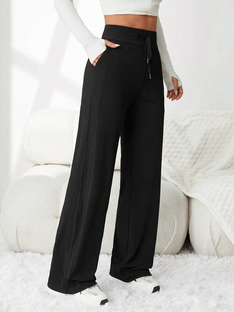 Pantalones de seda de hielo para mujer, pantalones de pierna ancha suaves, cómodos y transpirables, nuevos pantalones informales adelgazantes de cintura alta - Negro - Ver 1