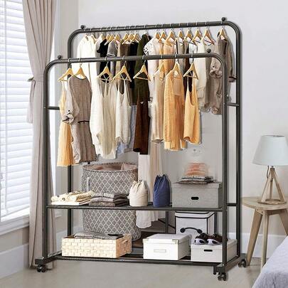 Heavy Duty Clothes Rack Industrial Pipe Garment Rack Rolling Storage Cart Rails
