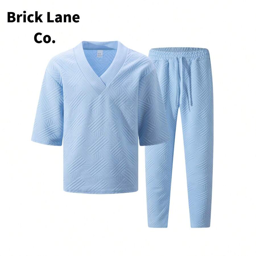 Brick Lane Co. 2026 Mens 2 Piece Outfits European And American Men's Casual Short-Sleeve Long-Pants Set With, Solid Color, Versatile Jacquard Summer Suit - 天藍色 - 查看 1