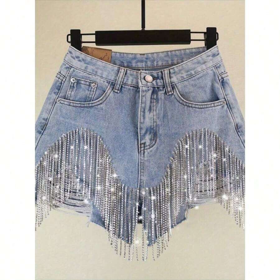 Summer Cut-Off Jeans With Detail Women'S High Waisted Light Wash Shorts With Chain Fringe - Sky Blue - View 1