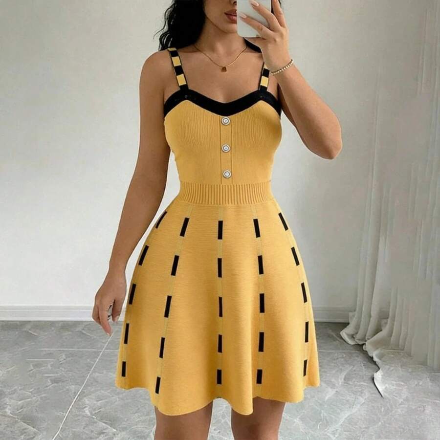 Vestido de Punto con Botones en la Parte Delantera, Vestido Midi Tipo Skater con Tirantes en Contraste y Cuello en V para Mujer, Vestido de Punto Informal para el Verano, Diario y Fiestas - Amarillo - Ver 1